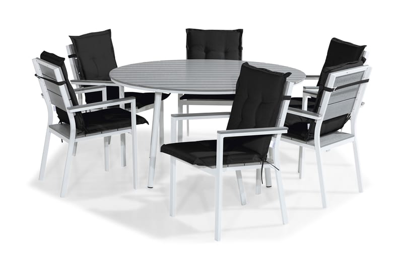Tunis Spisebordssæt 140 Rund + 6 Stabelstole m. Hynde - Hvid/Grå/Sort - Havesæt