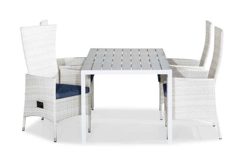 Tunis Spisebordssæt 150x90 + 4 Jenny Lænestol Justerbar m. H - Hvid/Blå - Havesæt