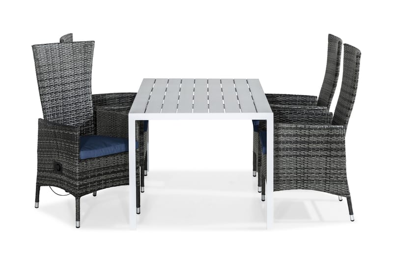 Tunis Spisebordssæt 150x90 + 4 Jenny Lænestol Justerbar m. H - Hvid/Grå/Blå - Havesæt