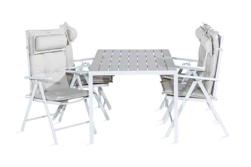 Tunis Spisebordssæt 150x90 + 4 Maggie Positionsstol m. Hynde - Hvid/Grå/Offwhite - Havesæt