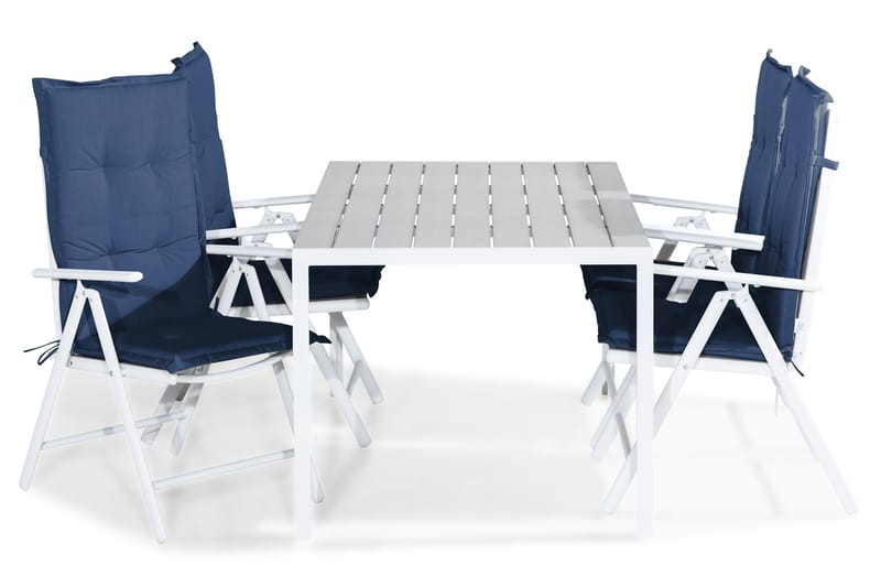 Tunis Spisebordssæt 150x90 + 4 Maggie Positionsstol m. Hynde - Hvid/Grå/Blå - Havesæt