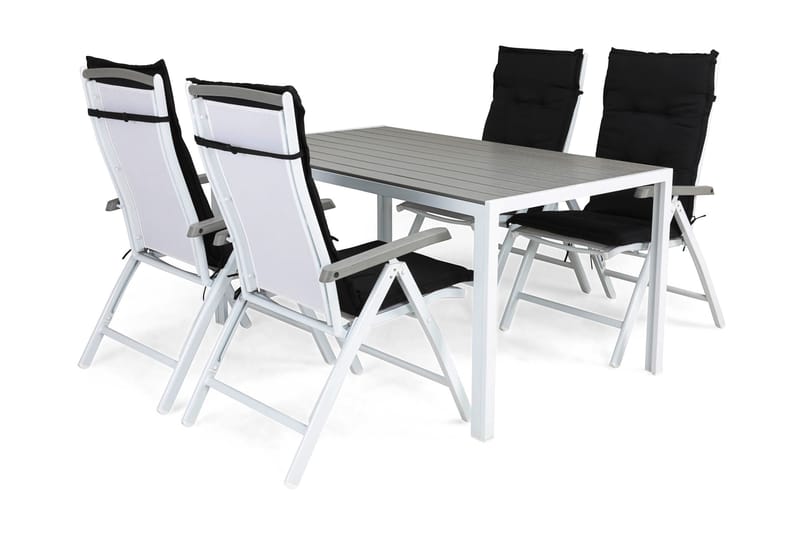 Tunis Spisebordssæt 150x90 + 4 Monaco Lyx Positionsstol m. H - Hvid/Sort - Havesæt