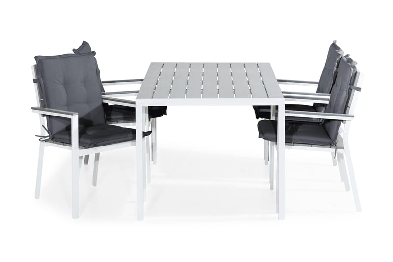Tunis Spisebordssæt 150x90 + 4 Stabelstole m. Hynde - Hvid/Grå - Havesæt