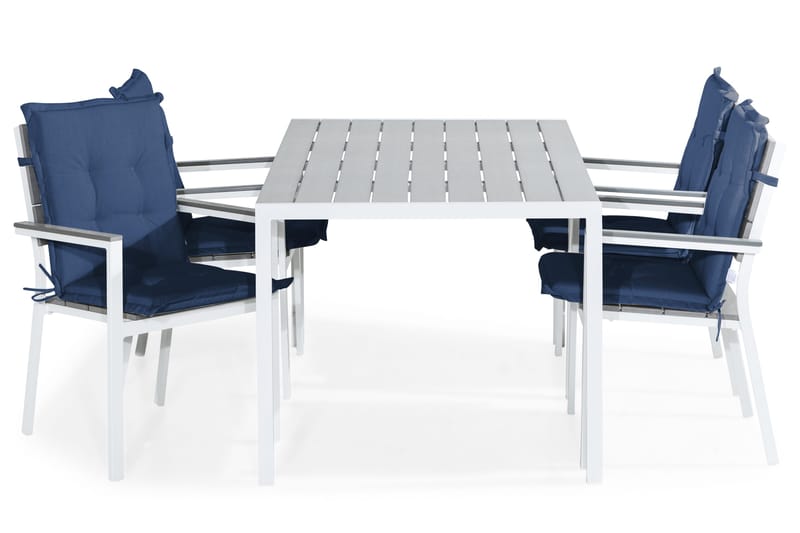 Tunis Spisebordssæt 150x90 + 4 Stabelstole m. Hynde, Hvid/Grå/Blå