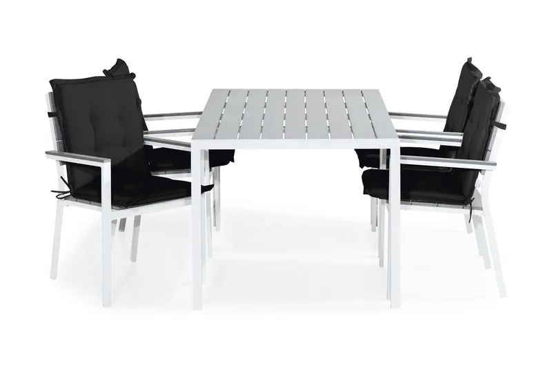 Tunis Spisebordssæt 150x90 + 4 Stabelstole m. Hynde, Hvid/Grå/Sort