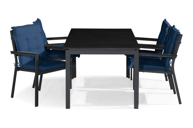 Tunis Spisebordssæt 150x90 + 4 Stabelstole m. Hynde - Sort/Blå - Havesæt