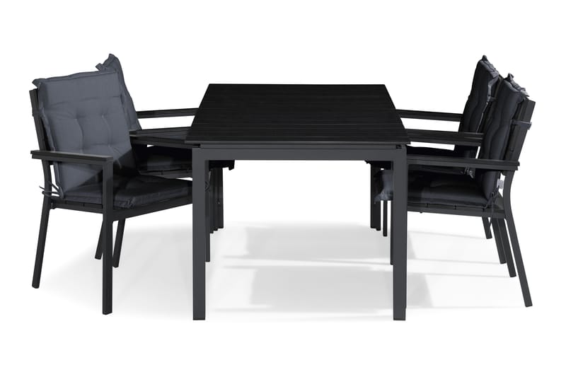 Tunis Spisebordssæt 150x90 + 4 Stabelstole m. Hynde - Sort/Grå - Havesæt