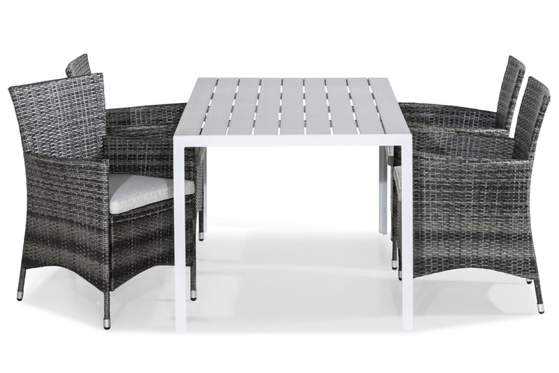 Tunis Spisebordssæt 150x90 + 4 Thor Lænestol w hynder - Hvid / grå - Havesæt