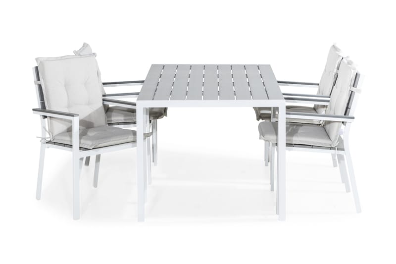 Tunis Spisebordssæt 150x90 + 4 Tunis Stabelstol m. Hynde, Hvid/Grå/Offwhite