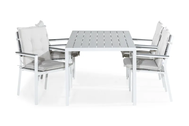 Tunis Spisebordssæt 150x90 + 4 Tunis Stabelstol m. Hynde, Hvid/Grå/Offwhite