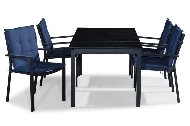 Tunis Spisebordssæt 152-210x90 + 4 Stabelstole m. Hynde - Sort/Blå - Havesæt
