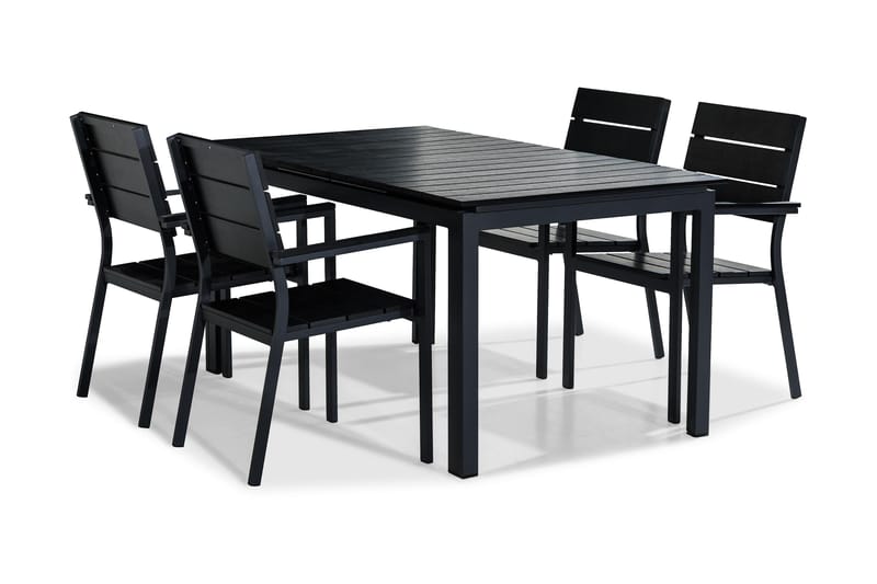 Tunis Spisebordssæt 152-210x90 + 4 Stabelstole - Sort - Havemøbler - Udendørsgruppe - Havesæt