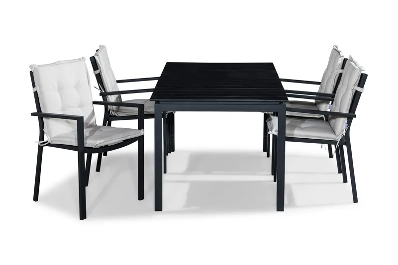 Tunis Spisebordssæt 152-210x90 + 4 Tunis Stabelstol m. Hynde, Sort/Offwhite