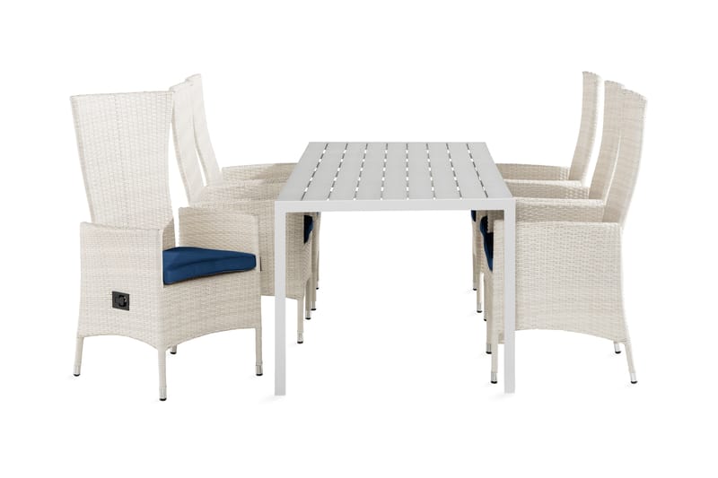 Tunis Spisebordssæt 205x90 + 6 Jenny Lænestol Justerbar m. H - Hvid/Blå - Havesæt