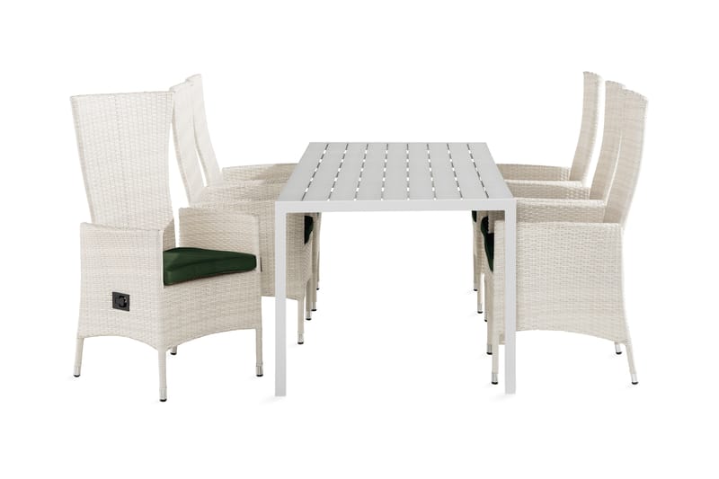 Tunis Spisebordssæt 205x90 + 6 Jenny Lænestol Justerbar m. H - Hvid/Grøn - Havesæt