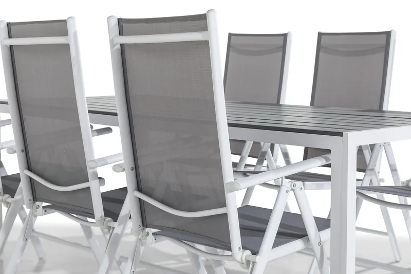 Tunis Spisebordssæt 205x90 + 6 Maggie Positionsstol - Hvid/Grå - Havemøbler - Udendørsgruppe - Havesæt