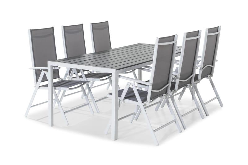 Tunis Spisebordssæt 205x90 + 6 Maggie Positionsstol - Hvid/Grå - Havesæt