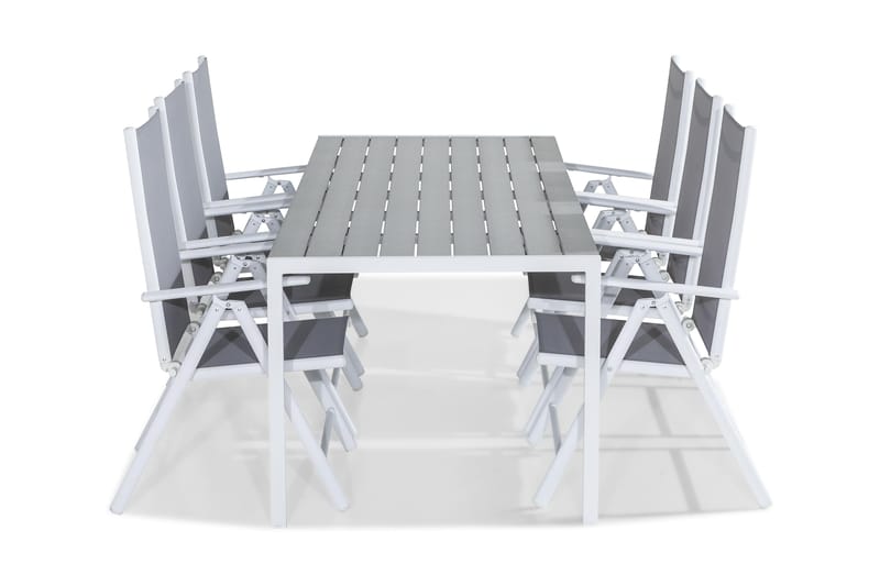 Tunis Spisebordssæt 205x90 + 6 Maggie Positionsstol - Hvid/Grå - Havesæt