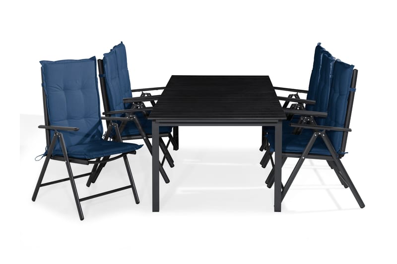 Tunis Spisebordssæt 205x90 + 6 Maggie Positionsstol m. Hynde - Sort/Blå - Havesæt