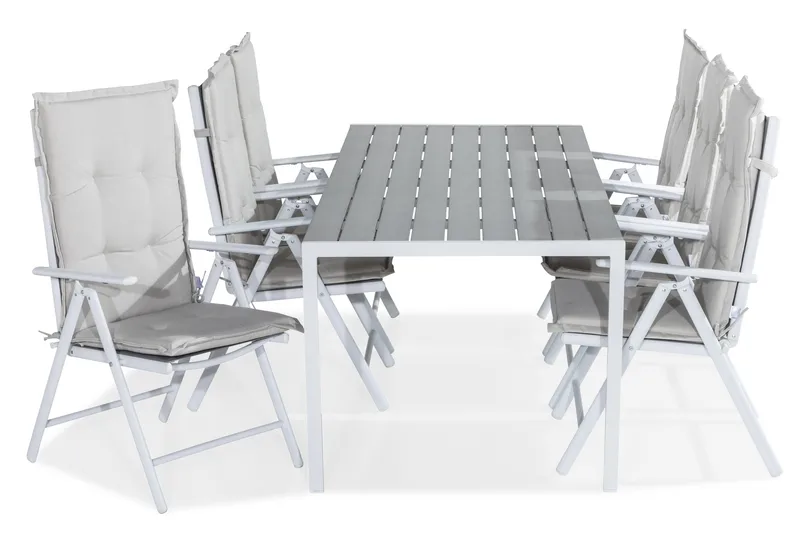 Tunis Spisebordssæt 205x90 + 6 Maggie Positionsstol m. Hynde, Hvid/Grå/Offwhite