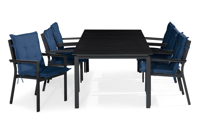 Tunis Spisebordssæt 205x90 + 6 Stabelstole m. Hynde - Sort/Blå - Havesæt