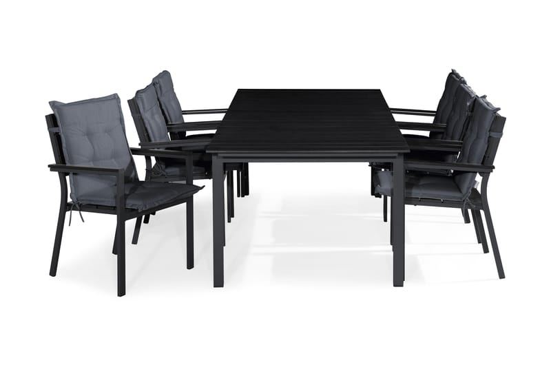 Tunis Spisebordssæt 205x90 + 6 Stabelstole m. Hynde - Sort/Grå - Havesæt