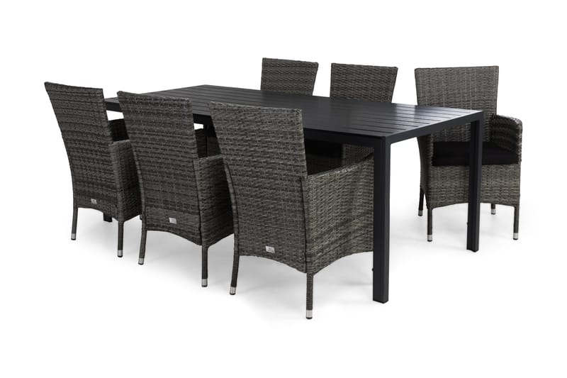 Tunis Spisebordssæt 205x90 + 6 Thor Lænestol w hynder, Sort / grå