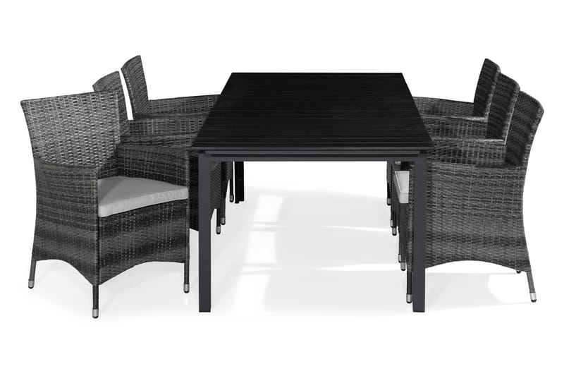 Tunis Spisebordssæt 205x90 + 6 Thor Lænestol w hynder - Sort / grå - Havesæt