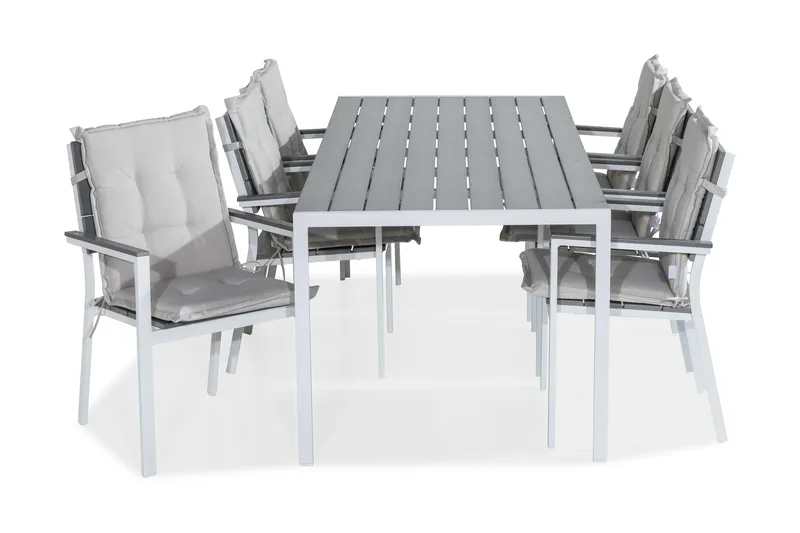 Tunis Spisebordssæt 205x90 + 6 Tunis Stabelstol m. Hynde, Hvid/Grå/Offwhite