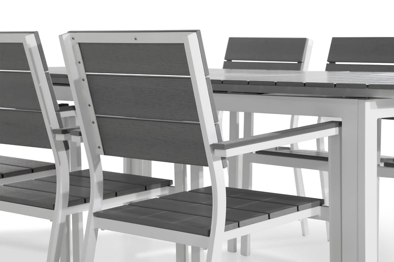 Tunis Spisebordssæt 220-280x90 + 6 Stabelstole - Hvid/Grå - Havesæt