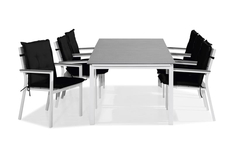 Tunis Spisebordssæt 220-280x90 + 6 Stabelstole m. Hynde - Hvid/Grå/Sort - Havesæt