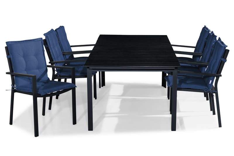 Tunis Spisebordssæt 220-280x90 + 6 Stabelstole m. Hynde - Sort/Blå - Havesæt