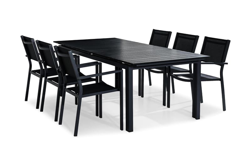 Tunis Spisebordssæt 220-280x90 + 6 Stabelstole - Sort - Havemøbler - Udendørsgruppe - Havesæt