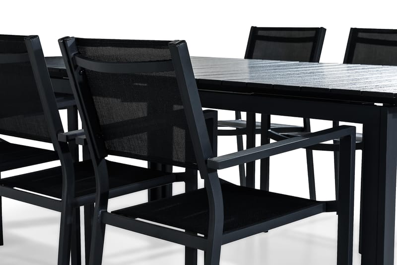 Tunis Spisebordssæt 220-280x90 + 6 Stabelstole - Sort - Havemøbler - Udendørsgruppe - Havesæt