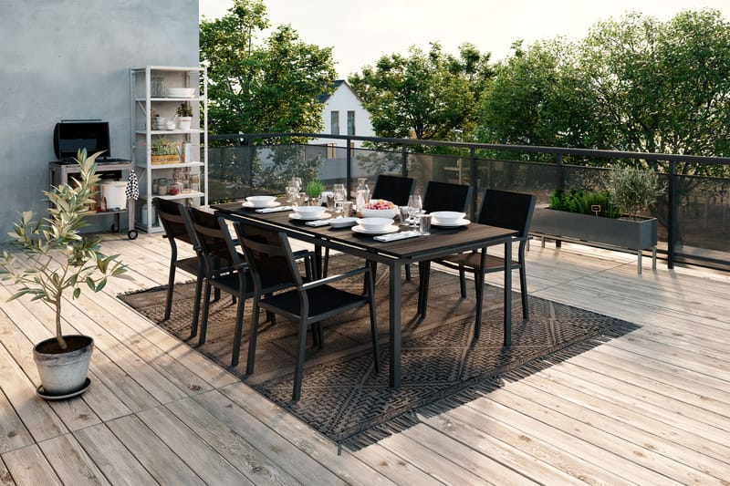 Tunis Spisebordssæt 220-280x90 + 6 Stabelstole - Sort - Havemøbler - Udendørsgruppe - Havesæt