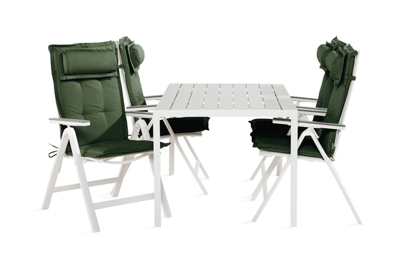 Tunis Spisebordssæt 90x150 + 4 Monaco lysestol med hynder - Hvid / grå / grøn - Havesæt