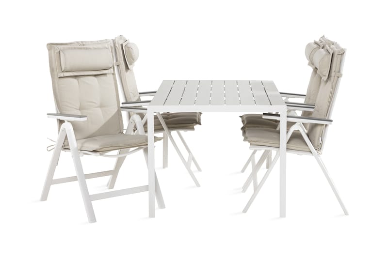 Tunis Spisebordssæt 90x150 + 4 Monaco lysestol med hynder - Hvid / grå / Offwhite - Havesæt
