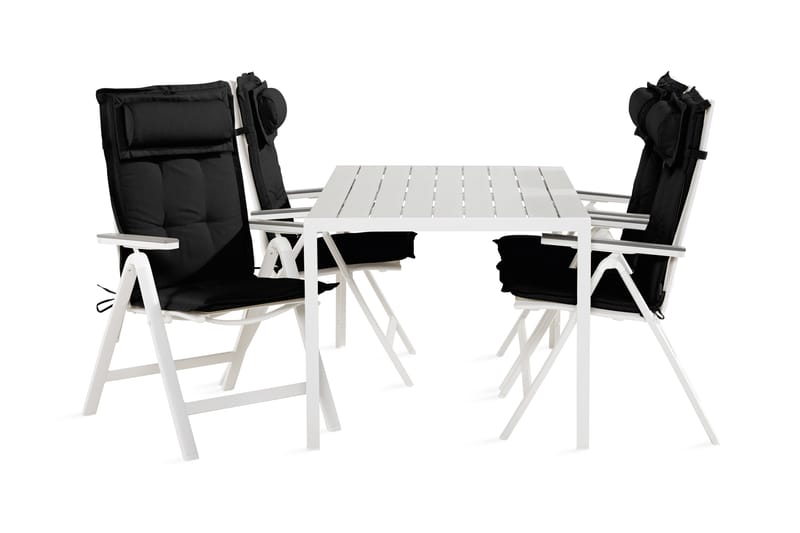 Tunis Spisebordssæt 90x150 + 4 Monaco lysestol med hynder - Hvid / grå / sort - Havesæt