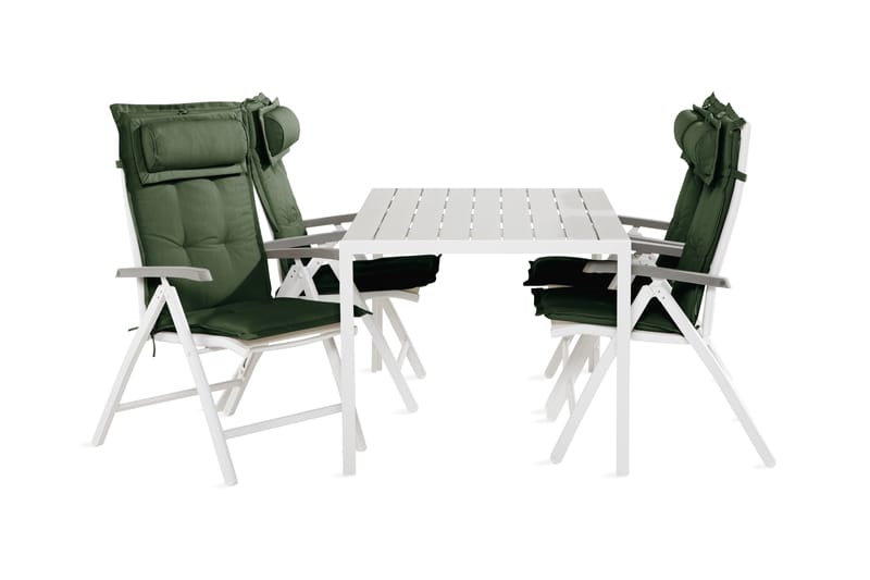 Tunis spisebordssæt 90x150 + 4 Monaco spisestol med hynder - Hvid / grå / grøn - Havesæt