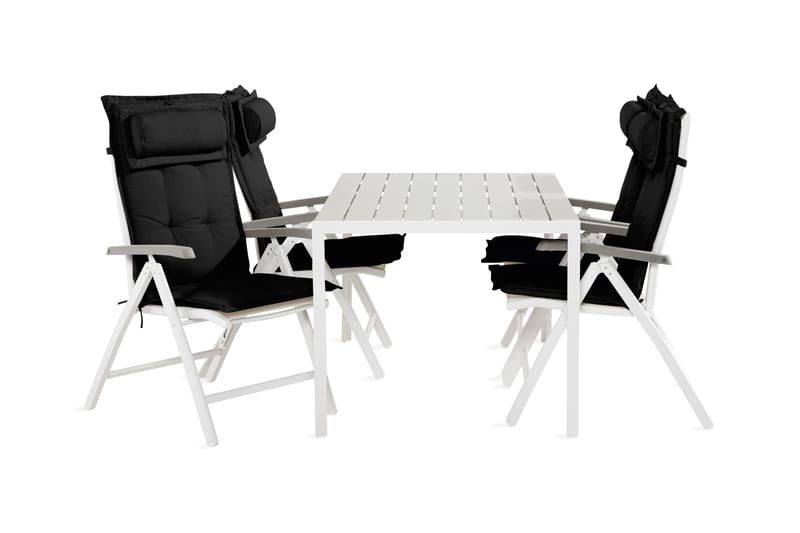 Tunis spisebordssæt 90x150 + 4 Monaco spisestol med hynder - Hvid / grå / sort - Havesæt