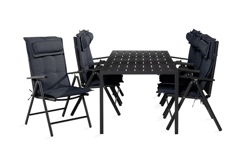 Tunis spisebordssæt 90x205 + 6 Maggie pladsstol med hynder - Sort / grå - Havesæt
