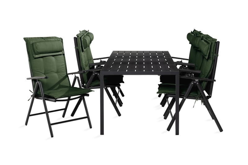 Tunis spisebordssæt 90x205 + 6 Maggie pladsstol med hynder - Sort / Grøn - Havesæt