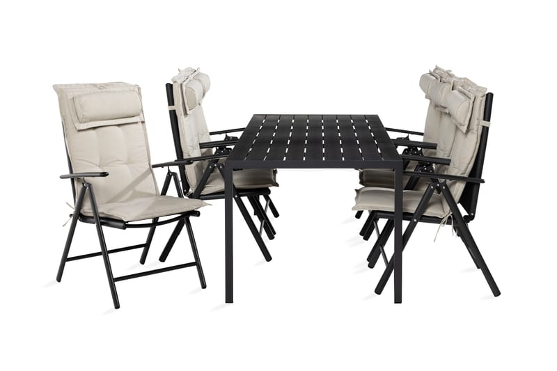 Tunis spisebordssæt 90x205 + 6 Maggie pladsstol med hynder - Sort / Offwhite - Havesæt