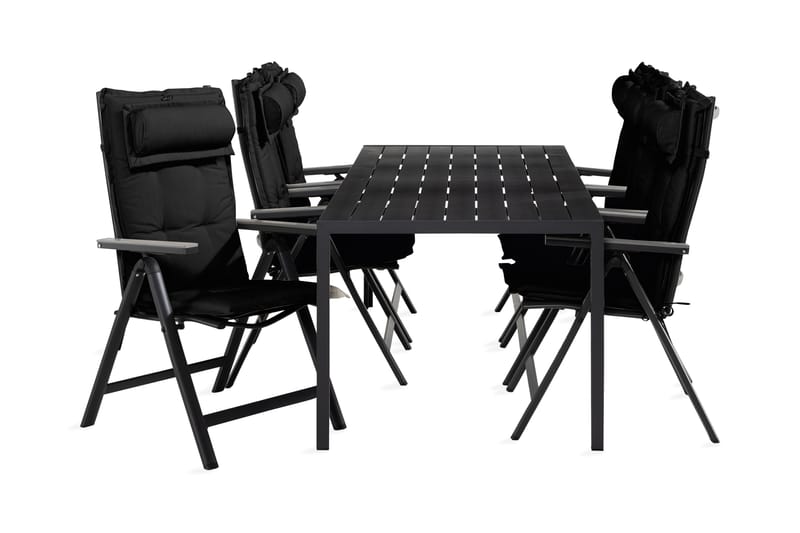 Tunis Spisebordssæt 90x205 + 6 Monaco lysestol med hynder - Sort / grå - Havesæt
