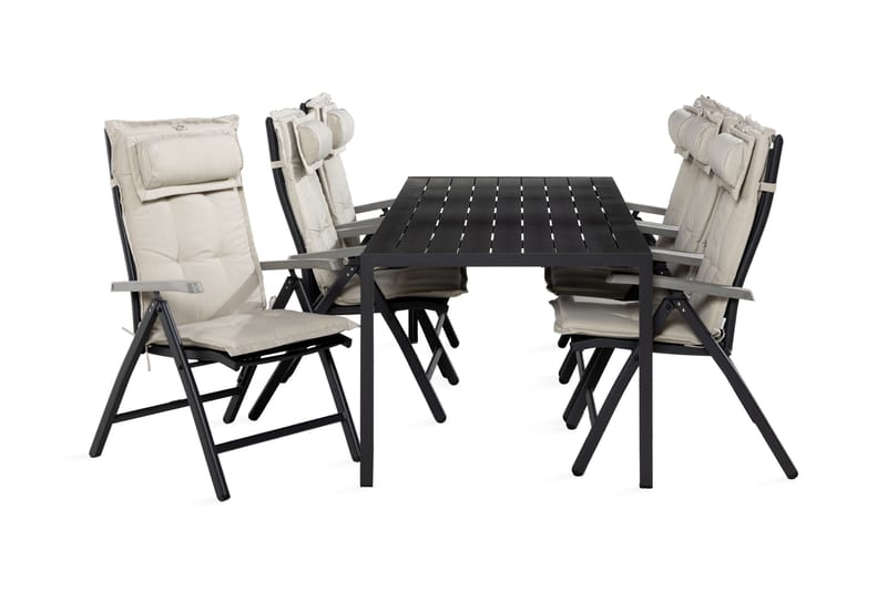 Tunis spisebordssæt 90x205 + 6 Monaco spisestol med hynder - Sort / Grå / Offwhite - Havemøbler - Udendørsgruppe - Havesæt