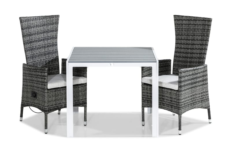 Tunis Spisebordssæt 90x90 + 2 Jenny Lænestol Justerbar m. Hy - Hvid/Grå/Offwhite - Havemøbler - Udendørsgruppe - Havesæt
