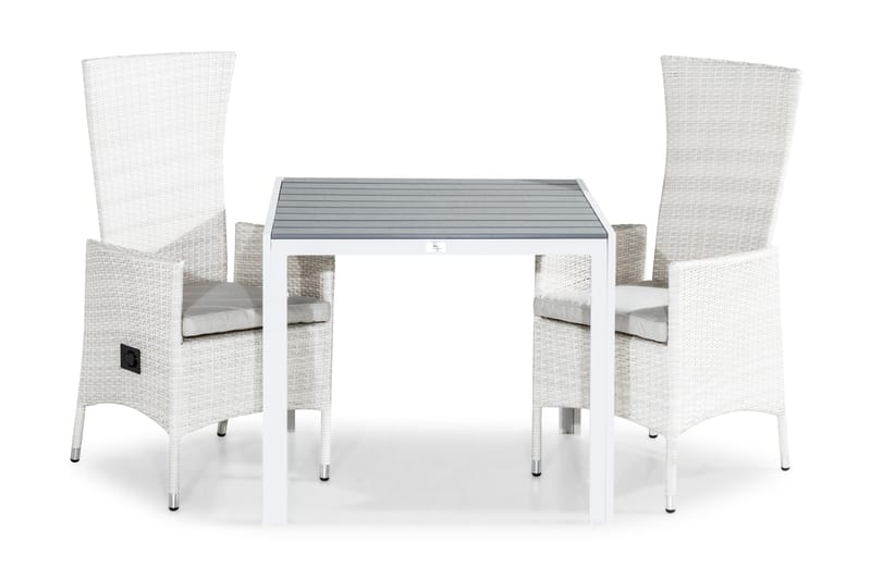 Tunis Spisebordssæt 90x90 + 2 Jenny Lænestol Justerbar m. Hy - Hvid/Offwhite - Havemøbler - Udendørsgruppe - Havesæt