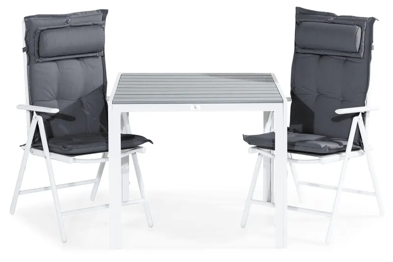 Tunis Spisebordssæt 90x90 + 2 Maggie Positionsstol m. Hynde - Hvid/Grå - Havemøbler - Udendørsgruppe - Havesæt
