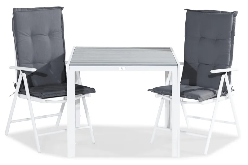 Tunis Spisebordssæt 90x90 + 2 Maggie Positionsstol m. Hynde - Hvid/Grå - Havemøbler - Udendørsgruppe - Havesæt