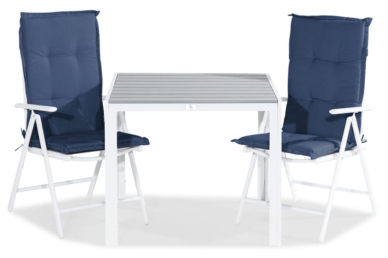Tunis Spisebordssæt 90x90 + 2 Maggie Positionsstol m. Hynde - Hvid/Grå/Blå - Havemøbler - Udendørsgruppe - Havesæt